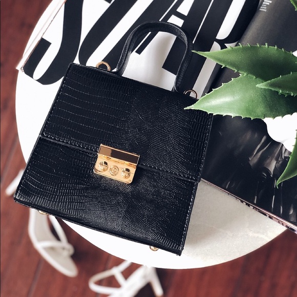 Handbags - Veil Black Croc Vegan Top Handle Bag